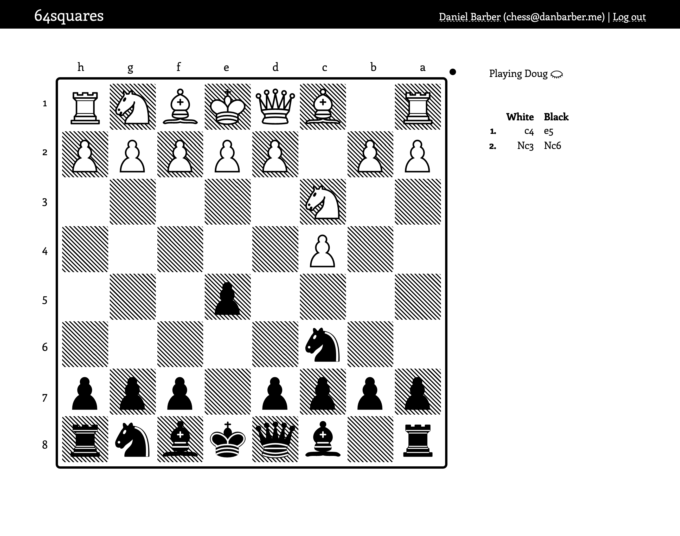 Screenshot of 64squares.club, partway through a game