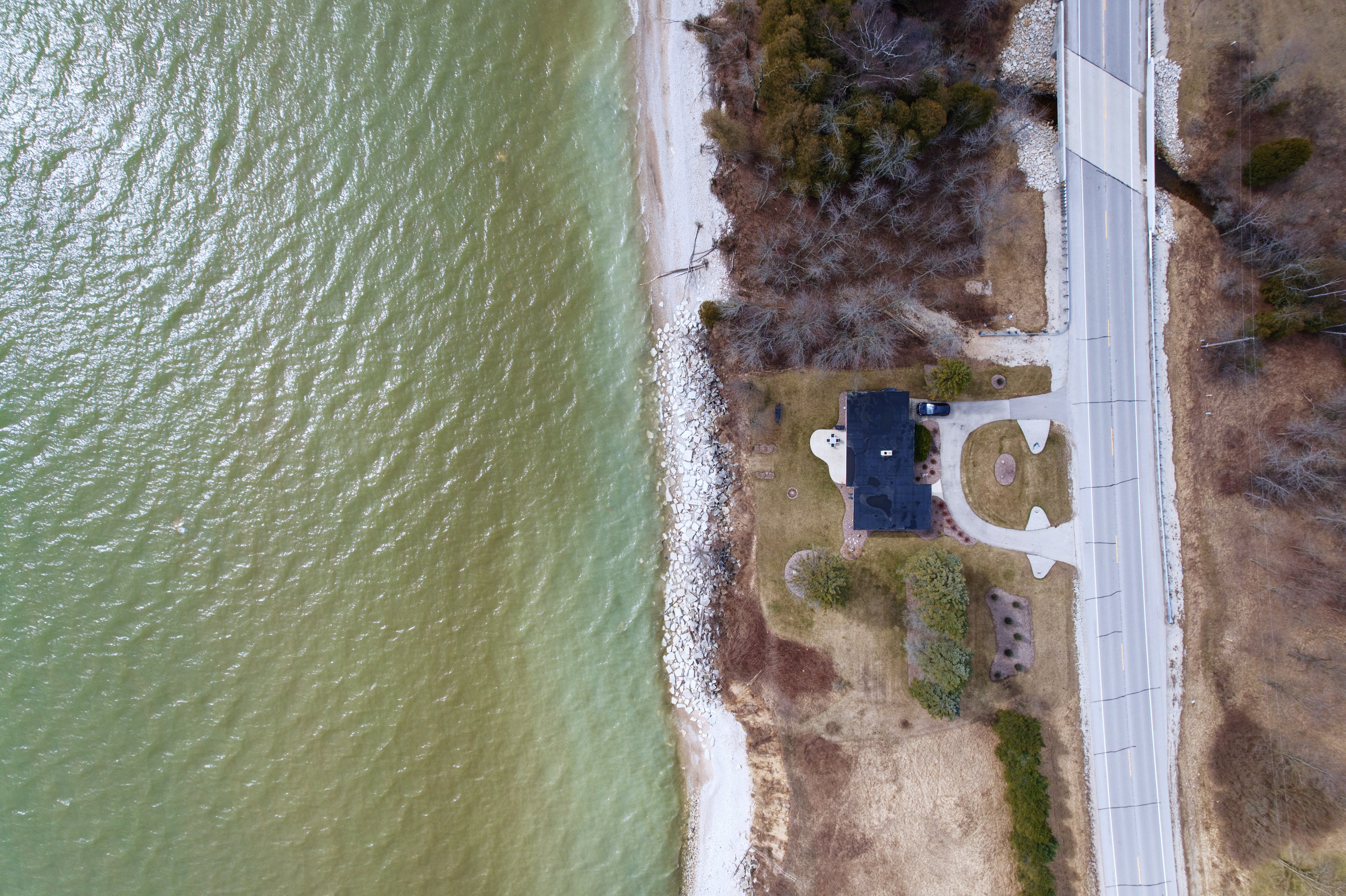 Aerial shot of the cabin Sofía and I stayed in a few
    weeks ago in Algoma, WI